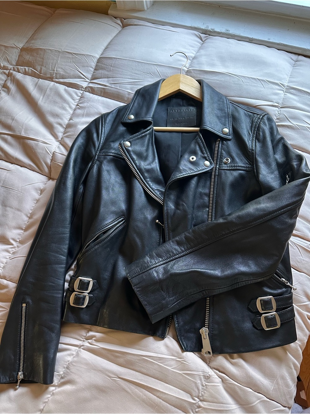 All Saints Black Leather Biker Jacket with Silver Hardware